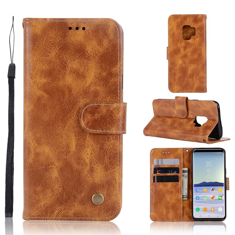 Premium Vintage PU Leather Stand Wallet Cell Phone Case for Samsung Galaxy S9 SM-G960 - Brown-1