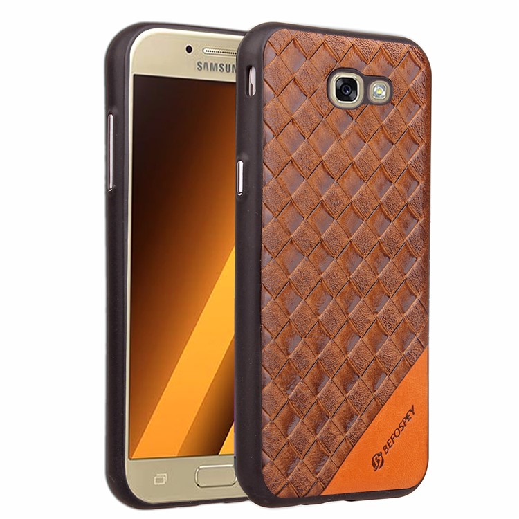 Matte Woven Texture Leather Coated TPU Casing for Samsung Galaxy A7 (2017) SM-A720 - Brown-1