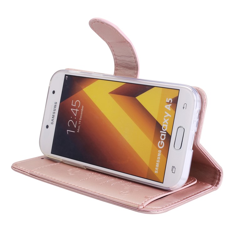 Imprint Butterfly Flowers Wallet Leather Stand Cover with Strap for Samsung Galaxy A3 (2017) - Rose Gold-6