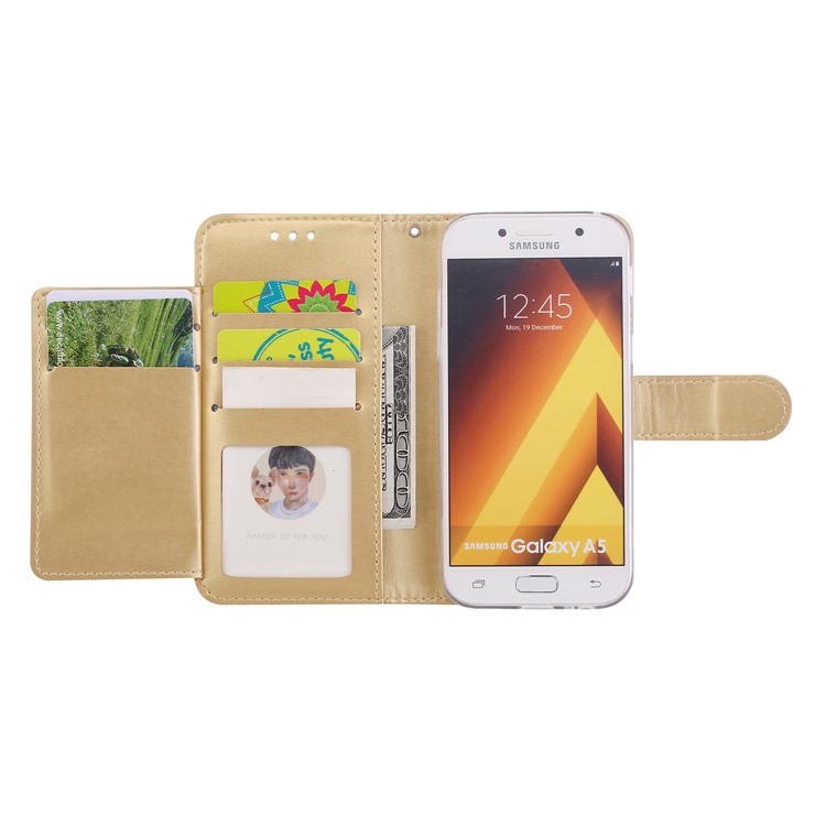 Imprint Butterfly Flowers Wallet Leather Stand Shell with Strap for Samsung Galaxy A3 (2017) - Gold-3