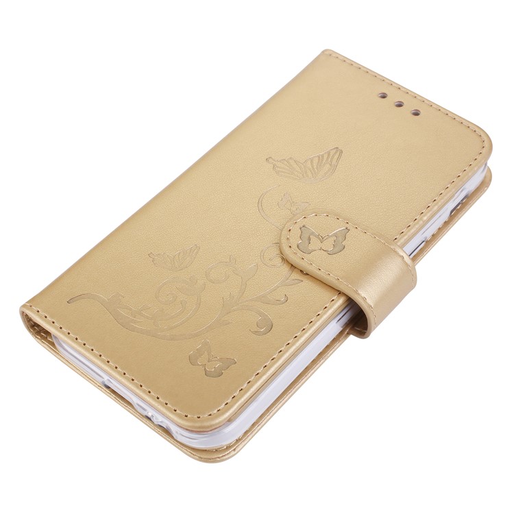 Imprint Butterfly Flowers Wallet Leather Stand Shell with Strap for Samsung Galaxy A3 (2017) - Gold-4