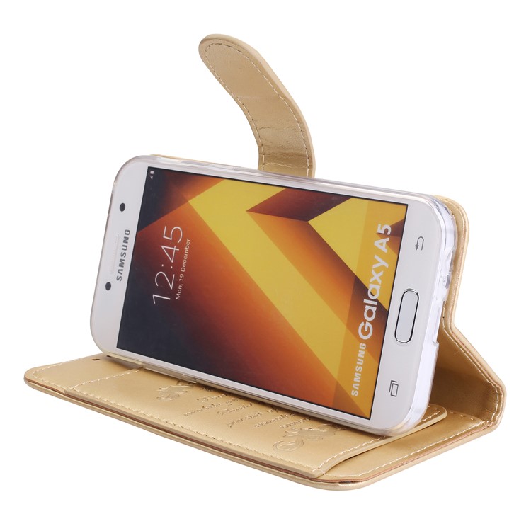 Imprint Butterfly Flowers Wallet Leather Stand Shell with Strap for Samsung Galaxy A3 (2017) - Gold-6