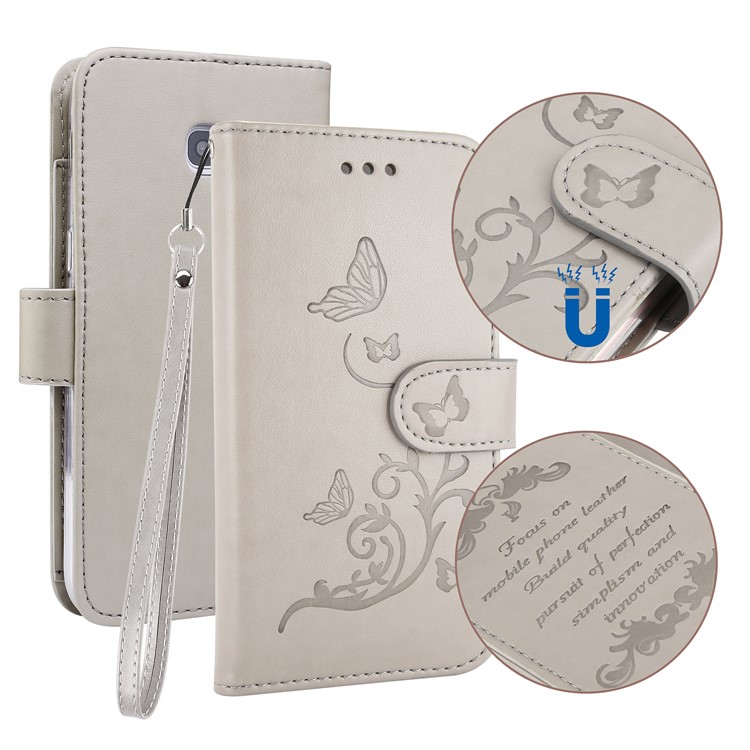 Imprint Butterfly Flowers Wallet Leather Stand Case with Strap for Samsung Galaxy A5 (2017) SM-A520 - Grey-1
