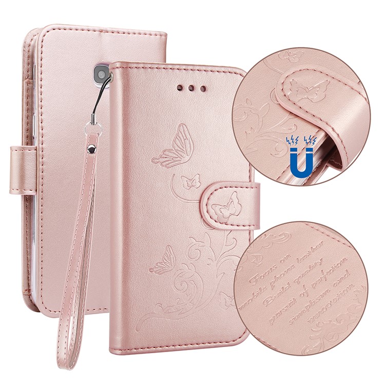 Imprint Butterfly Flowers Wallet Leather Stand Cover with Strap for Samsung Galaxy A5 (2017) SM-A520 - Rose Gold-1
