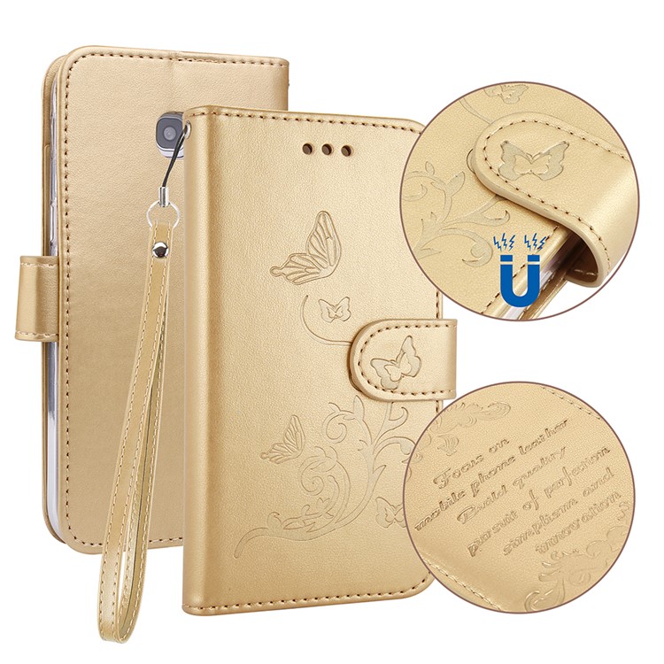 Imprint Butterfly Flowers Wallet Leather Stand Shell with Strap for Samsung Galaxy A5 (2017) SM-A520 - Gold-1