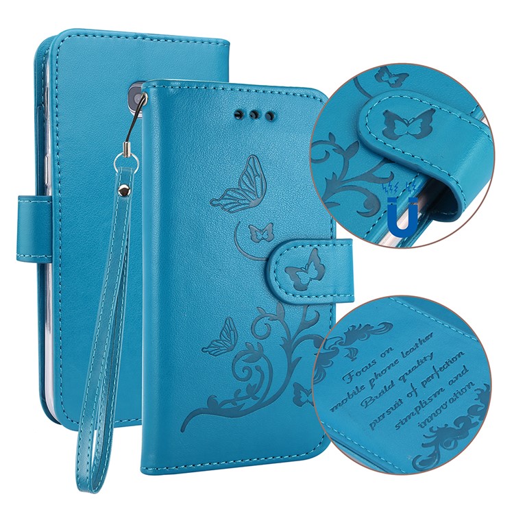 Imprint Butterfly Flowers Wallet Leather Stand Casing with Strap for Samsung Galaxy A5 (2017) SM-A520 - Blue-1