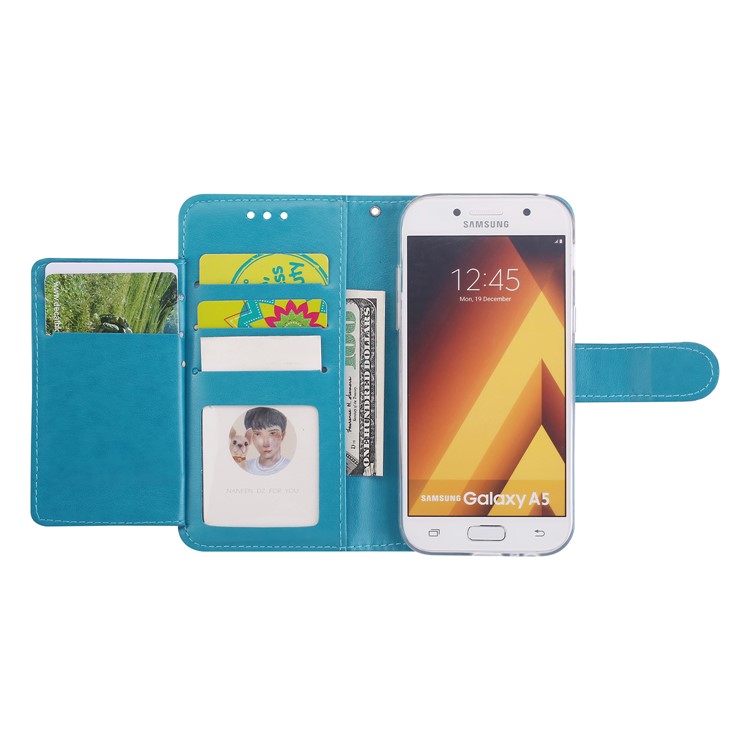 Imprint Butterfly Flowers Wallet Leather Stand Casing with Strap for Samsung Galaxy A5 (2017) SM-A520 - Blue-3