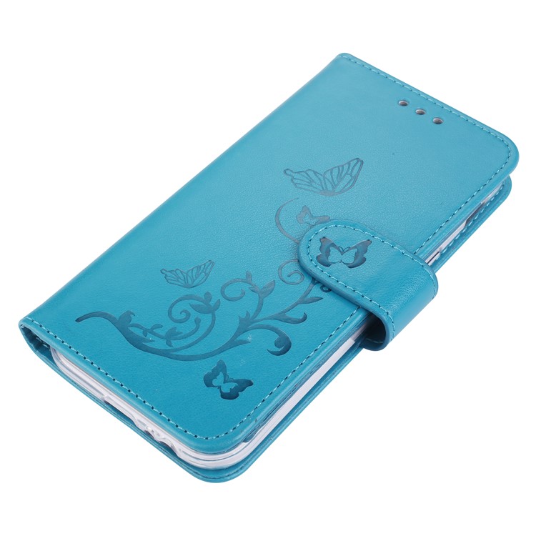 Imprint Butterfly Flowers Wallet Leather Stand Casing with Strap for Samsung Galaxy A5 (2017) SM-A520 - Blue-4