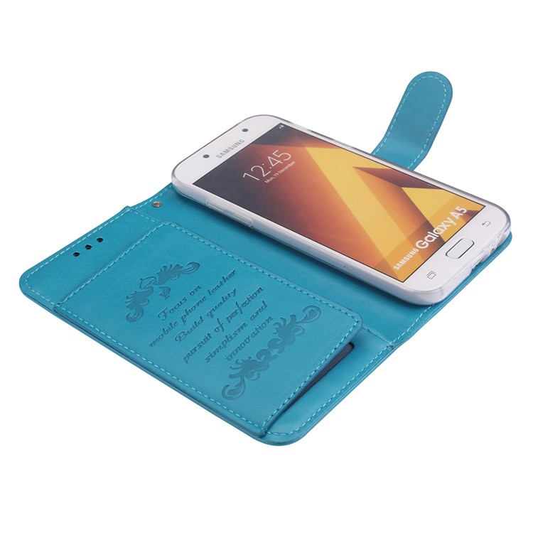 Imprint Butterfly Flowers Wallet Leather Stand Casing with Strap for Samsung Galaxy A5 (2017) SM-A520 - Blue-5