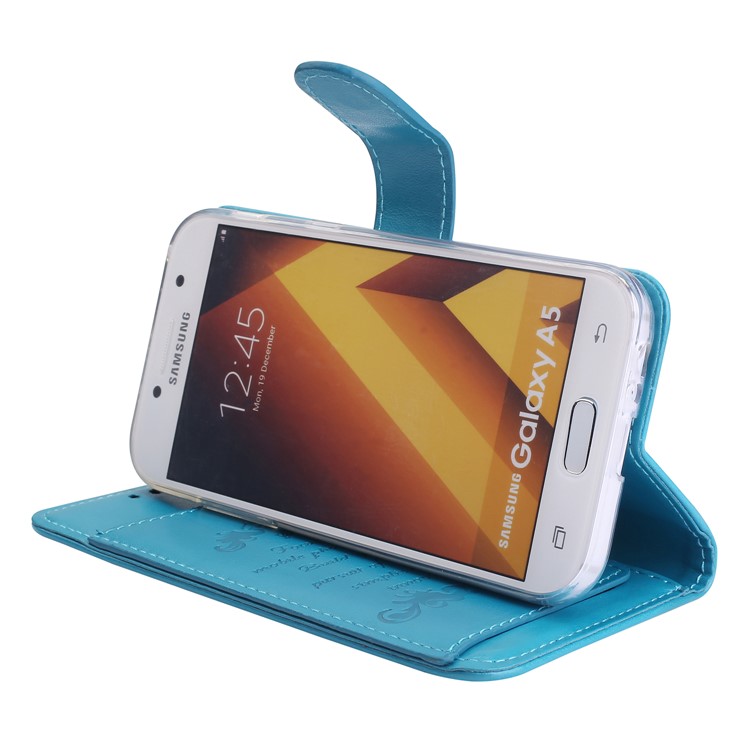 Imprint Butterfly Flowers Wallet Leather Stand Casing with Strap for Samsung Galaxy A5 (2017) SM-A520 - Blue-6