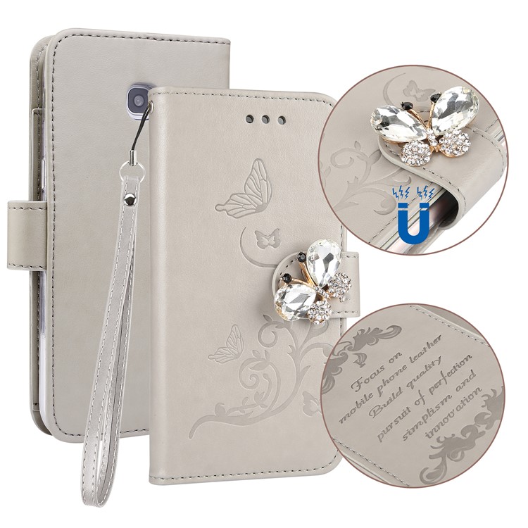 Rhinestone Imprint Butterfly Flower Wallet Stand Leather Case for Samsung Galaxy A5 (2017) SM-A520 - Grey-1
