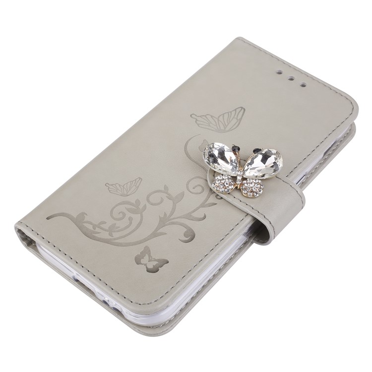 Rhinestone Imprint Butterfly Flower Wallet Stand Leather Case for Samsung Galaxy A5 (2017) SM-A520 - Grey-3