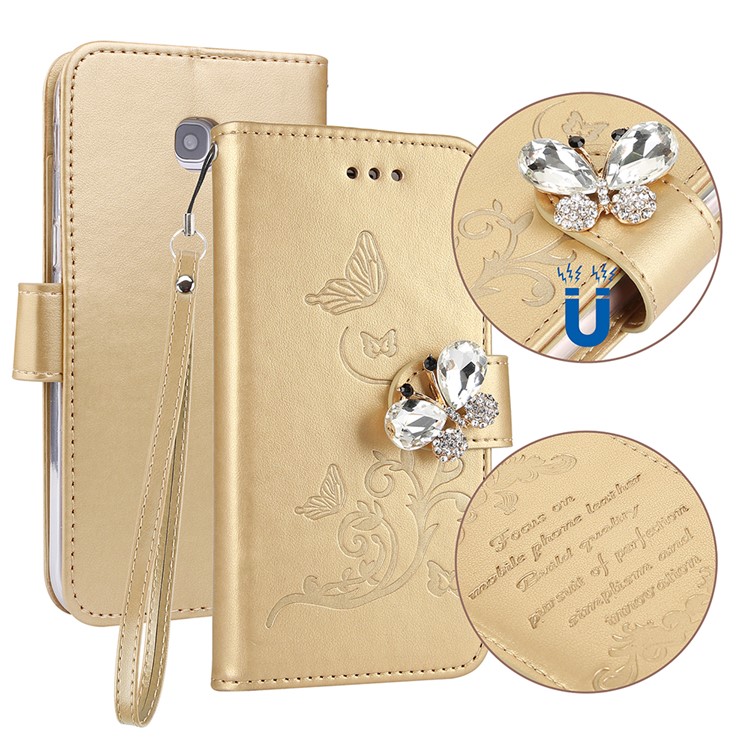 Rhinestone Imprint Butterfly Flower Wallet Stand Leather Shell for Samsung Galaxy A5 (2017) SM-A520 - Gold-1