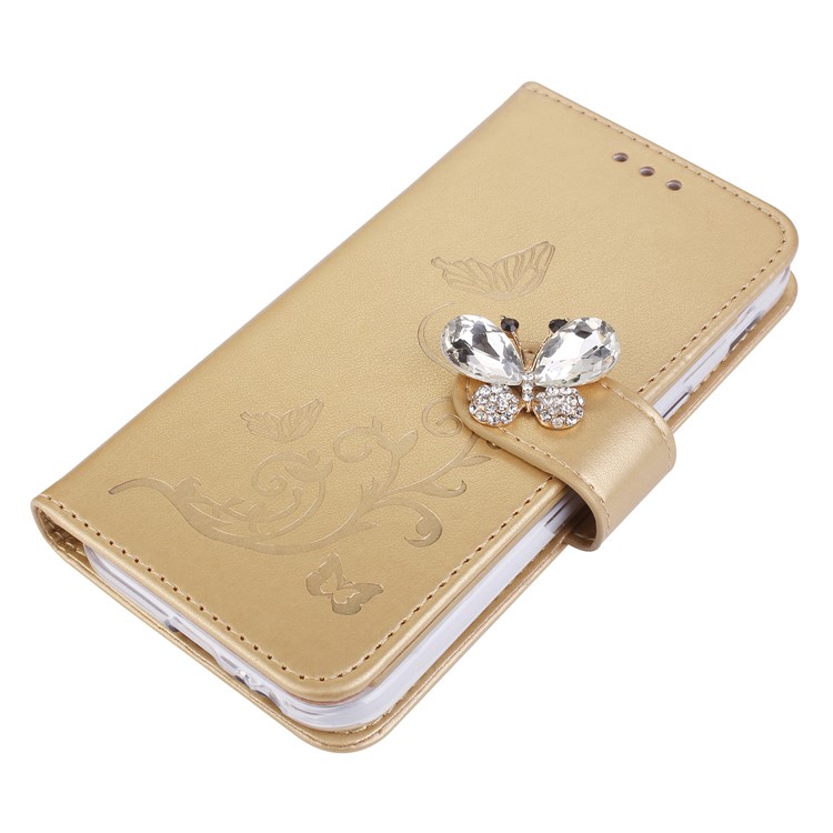 Rhinestone Imprint Butterfly Flower Wallet Stand Leather Shell for Samsung Galaxy A5 (2017) SM-A520 - Gold-3
