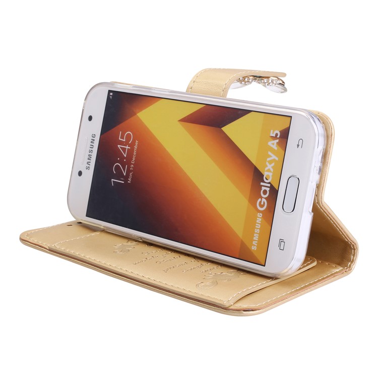 Rhinestone Imprint Butterfly Flower Wallet Stand Leather Shell for Samsung Galaxy A5 (2017) SM-A520 - Gold-4