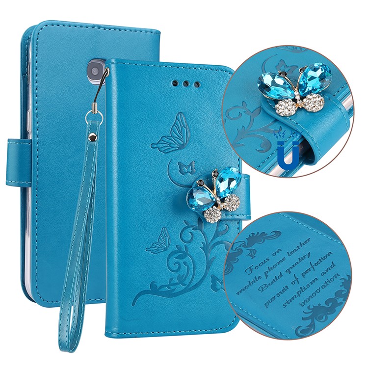 Rhinestone Imprint Butterfly Flower Wallet Stand Leather Casing for Samsung Galaxy A5 (2017) SM-A520 - Blue-1