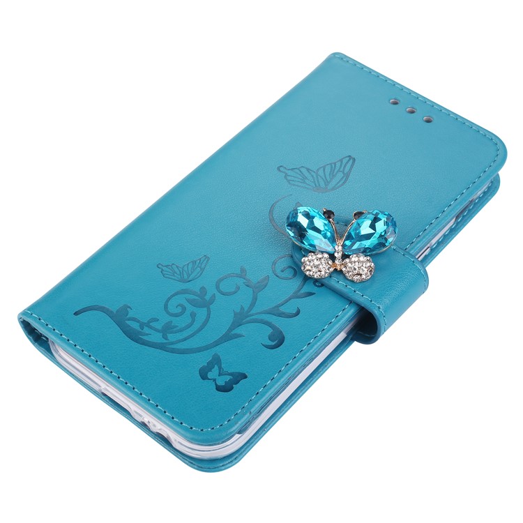 Rhinestone Imprint Butterfly Flower Wallet Stand Leather Casing for Samsung Galaxy A5 (2017) SM-A520 - Blue-3