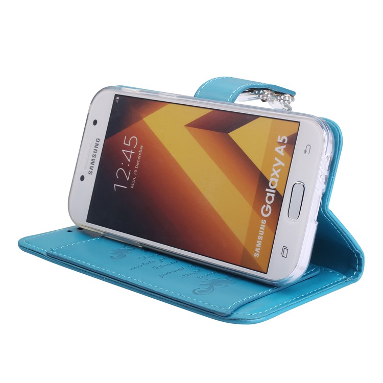 Rhinestone Imprint Butterfly Flower Wallet Stand Leather Casing for Samsung Galaxy A5 (2017) SM-A520 - Blue-4