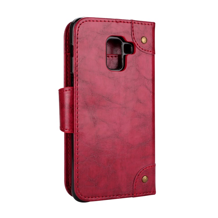 Oil Wax PU Leather Magnetic Wallet Shell for Samsung Galaxy A8 (2018) - Red-2