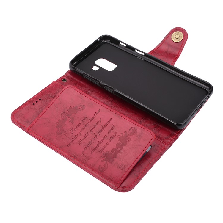 Oil Wax PU Leather Magnetic Wallet Shell for Samsung Galaxy A8 (2018) - Red-4