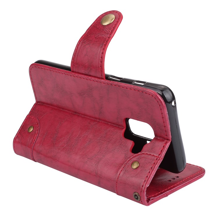 Oil Wax PU Leather Magnetic Wallet Shell for Samsung Galaxy A8 (2018) - Red-6