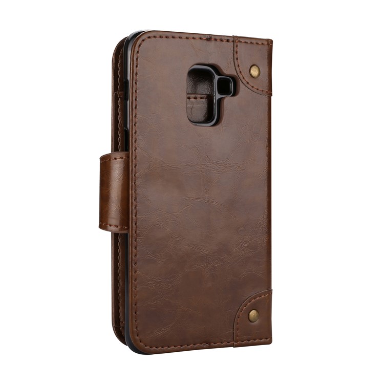 Oil Wax Stand Wallet Leather Mobile Phone Case Accessory for Samsung Galaxy A8 (2018) - Brown-2
