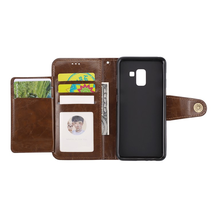 Oil Wax Stand Wallet Leather Mobile Phone Case Accessory for Samsung Galaxy A8 (2018) - Brown-7