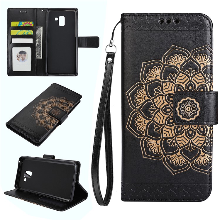 Imprinted Mandala Pattern Leather Wallet Case with Stand for Samsung Galaxy A8+ (2018) - Black-1