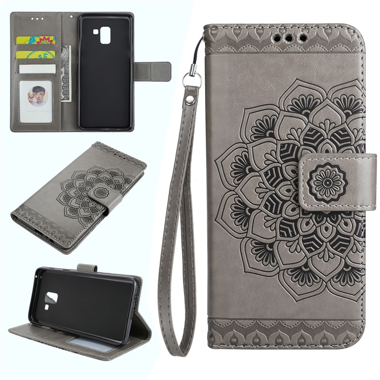 Imprinted Mandala Pattern Leather Wallet Stand Case with Strap for Samsung Galaxy A8+ (2018) - Grey-1