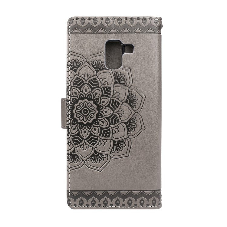 Imprinted Mandala Pattern Leather Wallet Stand Case with Strap for Samsung Galaxy A8+ (2018) - Grey-2