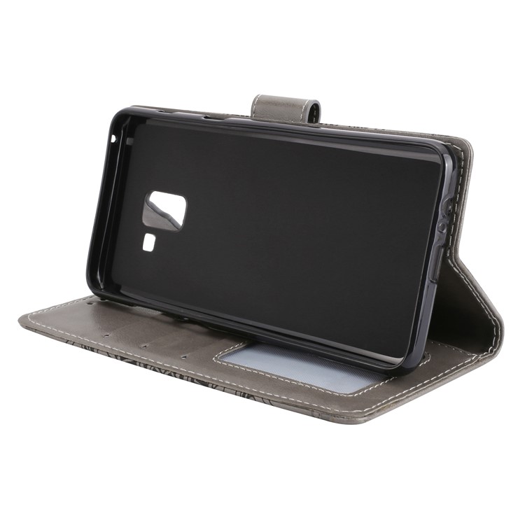 Imprinted Mandala Pattern Leather Wallet Stand Case with Strap for Samsung Galaxy A8+ (2018) - Grey-4