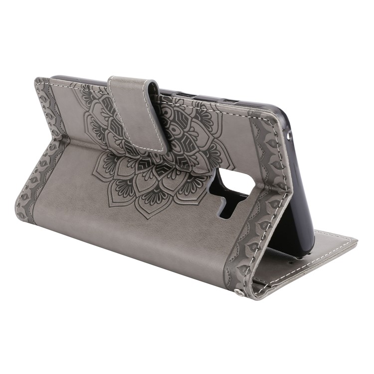 Imprinted Mandala Pattern Leather Wallet Stand Case with Strap for Samsung Galaxy A8+ (2018) - Grey-5