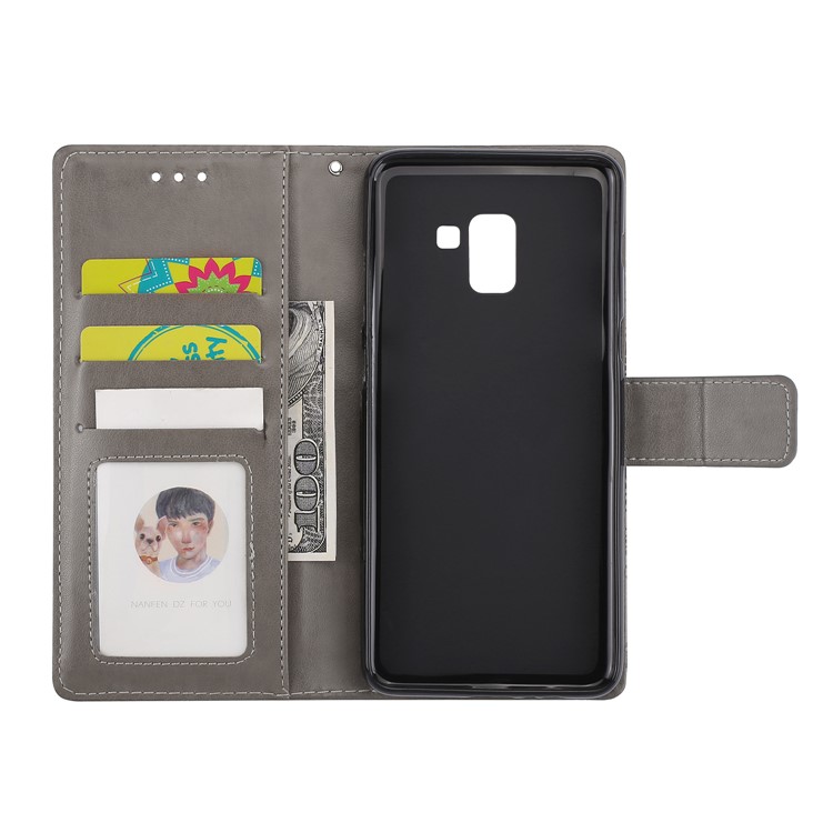 Imprinted Mandala Pattern Leather Wallet Stand Case with Strap for Samsung Galaxy A8+ (2018) - Grey-6