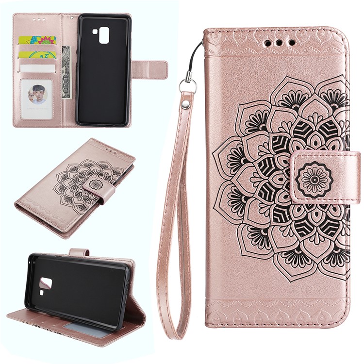 Imprinted Mandala Pattern Leather Wallet Phone Cover with Lanyard for Samsung Galaxy A8+ (2018) - Rose Gold-1