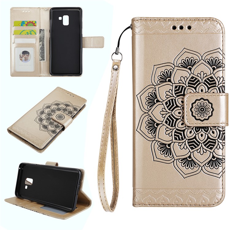 For Samsung Galaxy A8+ (2018) Imprinted Mandala Pattern Leather Wallet Mobile Case - Gold-1