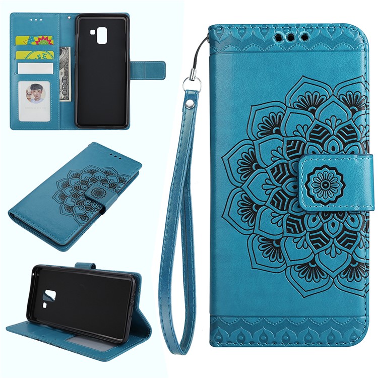 Imprinted Mandala Pattern Leather Wallet Stand Cover for Samsung Galaxy A8+ (2018) - Blue-1