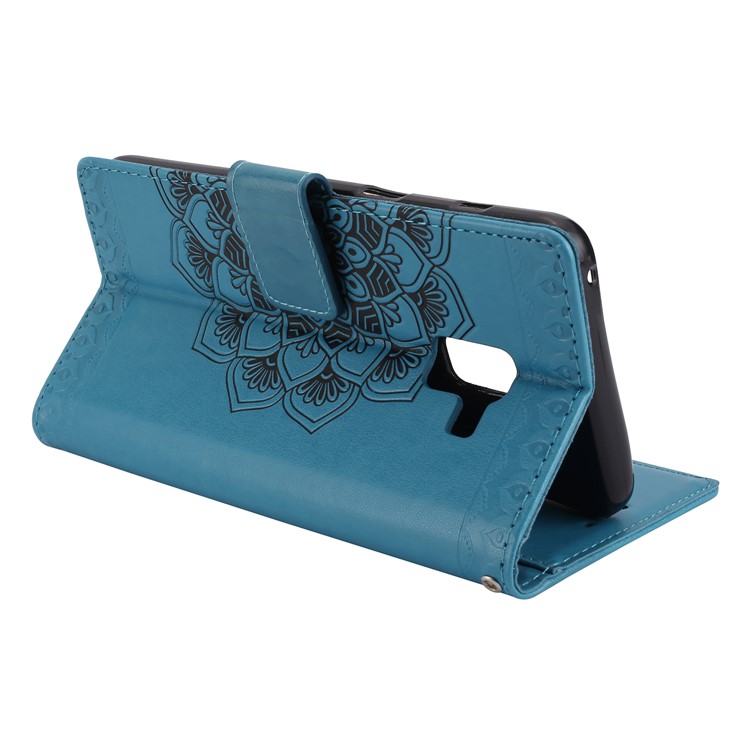 Imprinted Mandala Pattern Leather Wallet Stand Cover for Samsung Galaxy A8+ (2018) - Blue-5