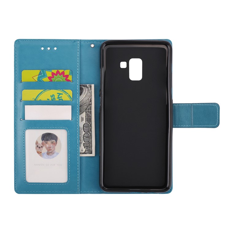 Imprinted Mandala Pattern Leather Wallet Stand Cover for Samsung Galaxy A8+ (2018) - Blue-6