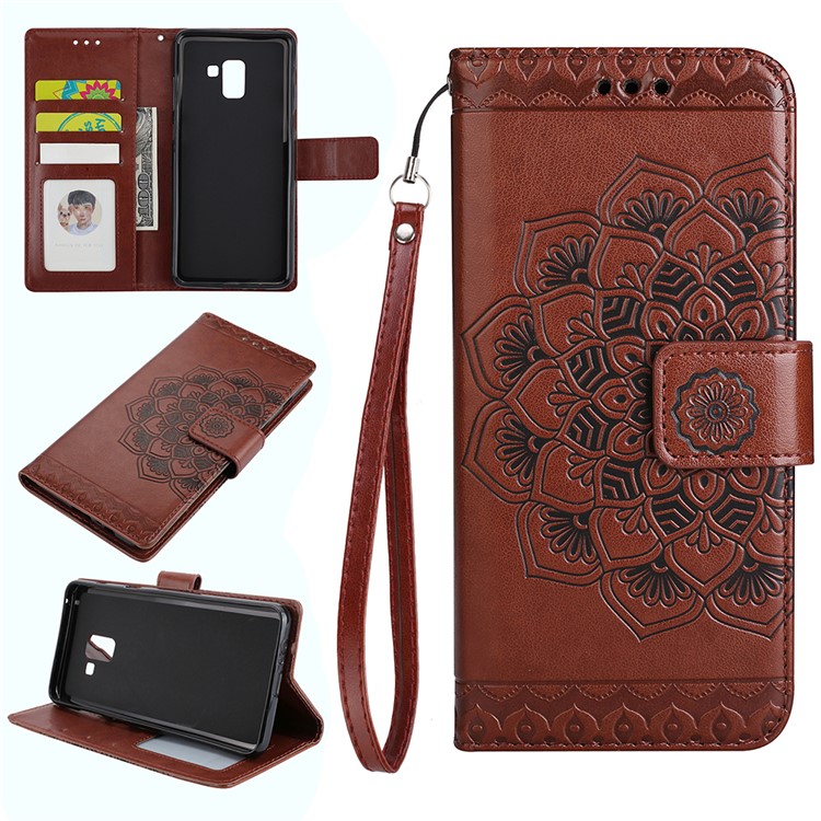 Imprinted Mandala Pattern Leather Wallet Mobile Phone Shell for Samsung Galaxy A8+ (2018) - Coffee-1