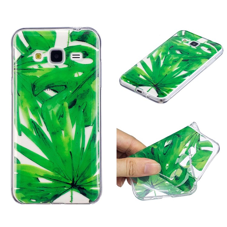 Pattern Printing IMD Soft TPU Phone Case for Samsung Galaxy J3 (2016) / J3 - Green Leaves-1
