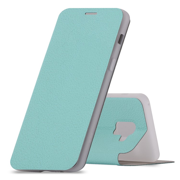 Litchi Texture Leather Stand Card Slot Mobile Shell for Samsung Galaxy A8 (2018) - Cyan-1