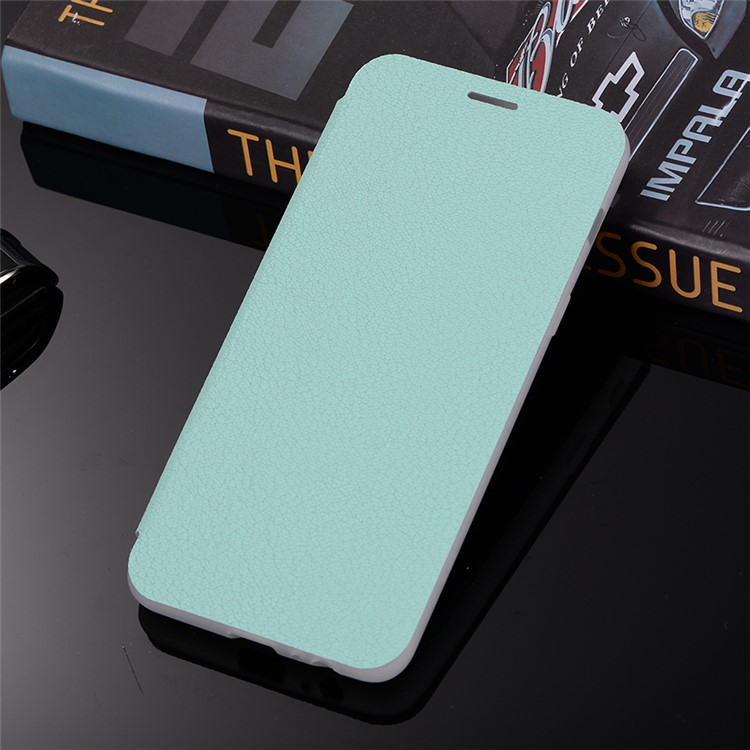 Litchi Texture Leather Stand Card Slot Mobile Shell for Samsung Galaxy A8 (2018) - Cyan-2