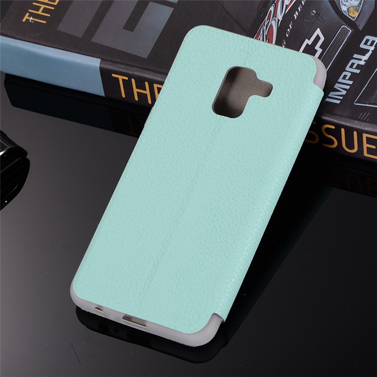 Litchi Texture Leather Stand Card Slot Mobile Shell for Samsung Galaxy A8 (2018) - Cyan-3