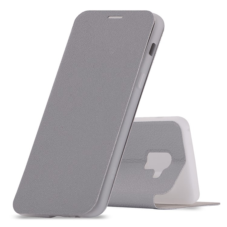 Litchi Skin Leather Stand Shell with Card Slot for Samsung Galaxy A8+ (2018) - Grey-1