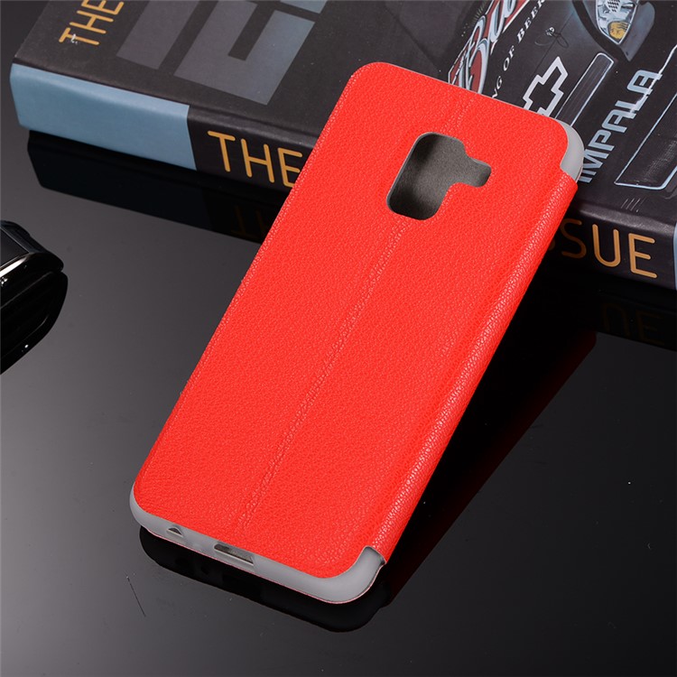 Litchi Skin Leather Stand Phone Case with Card Slot for Samsung Galaxy A8+ (2018) - Red-3