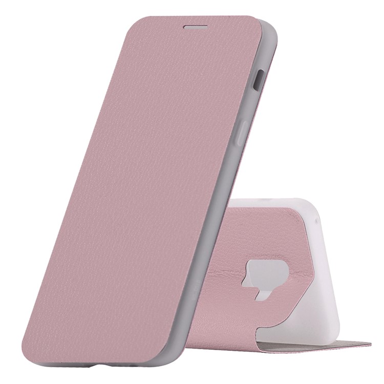 Litchi Skin Leather Card Holder Cover with Stand for Samsung Galaxy A8+ (2018) - Pink-1