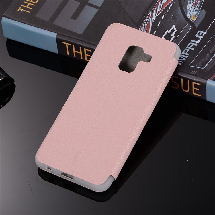 Litchi Skin Leather Card Holder Cover with Stand for Samsung Galaxy A8+ (2018) - Pink-3