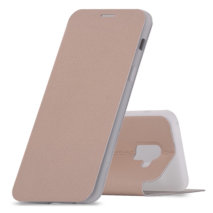 Litchi Skin Leather Flip Case with Card Slot and Stand for Samsung Galaxy A8+ (2018) - Gold-1