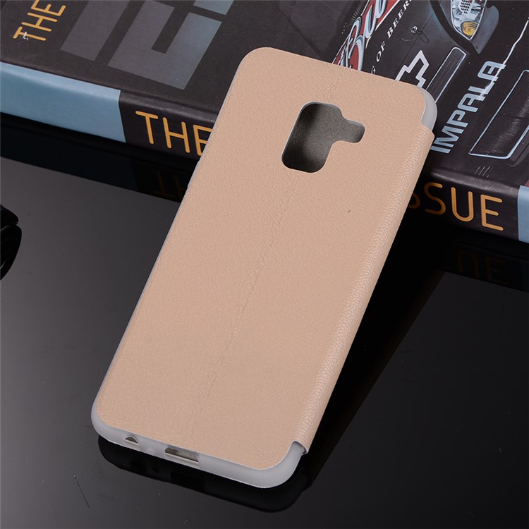 Litchi Skin Leather Flip Case with Card Slot and Stand for Samsung Galaxy A8+ (2018) - Gold-3