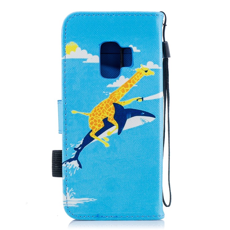 Patterned Wallet Stand Leather Case Accessory for Samsung Galaxy S9 G960 - Giraffe Riding Whale-2